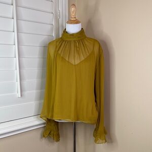 Anthropologie Mustard Sheer High-Neck Long-Sleeve Blouse